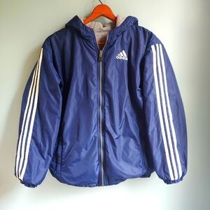 90s Vintage Adidas Reversible Jacket Youth Large Has Stains Navy Grey